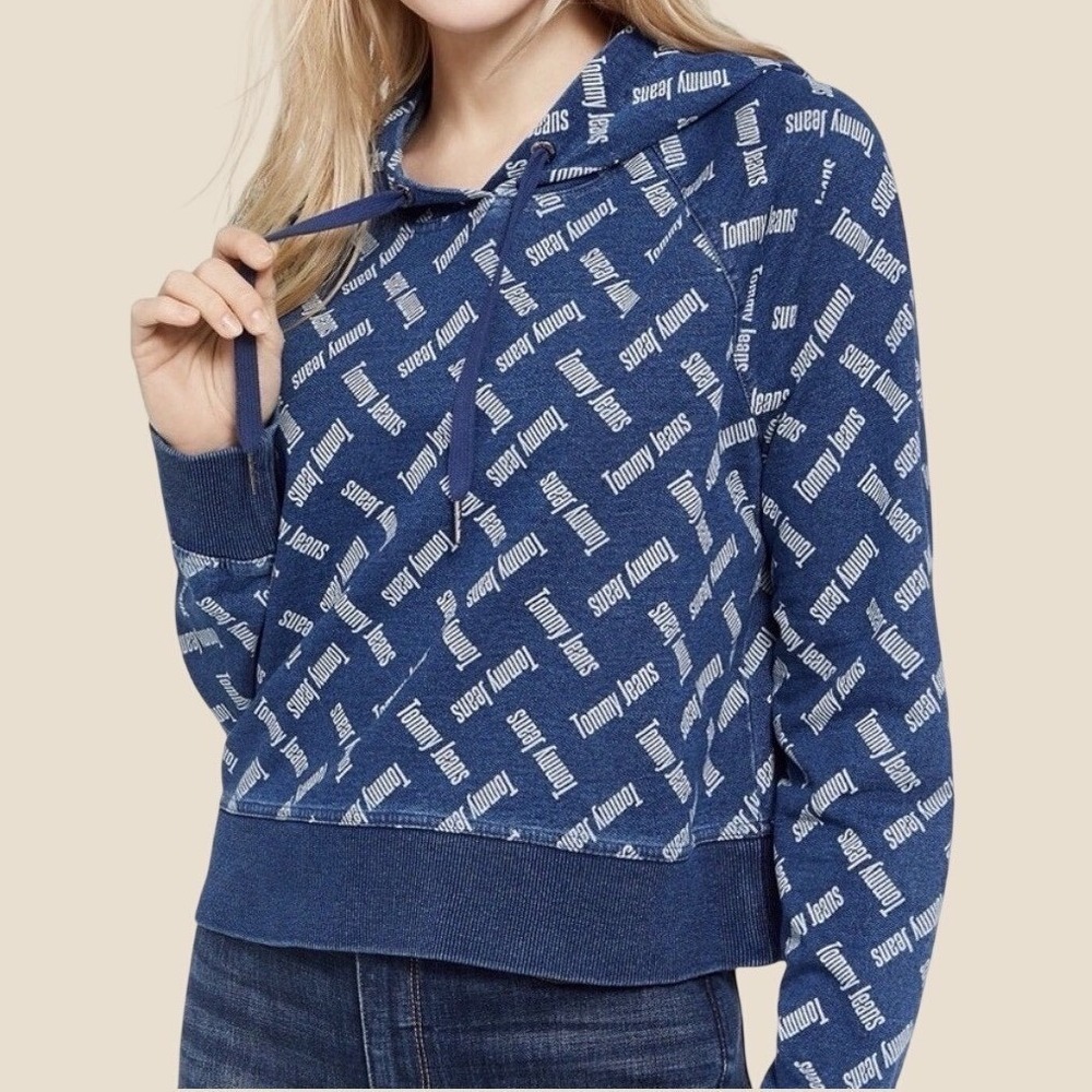 Tommy Jeans Womens Logo Print Cropped Hoodie Denim Blue T01HHZHA M